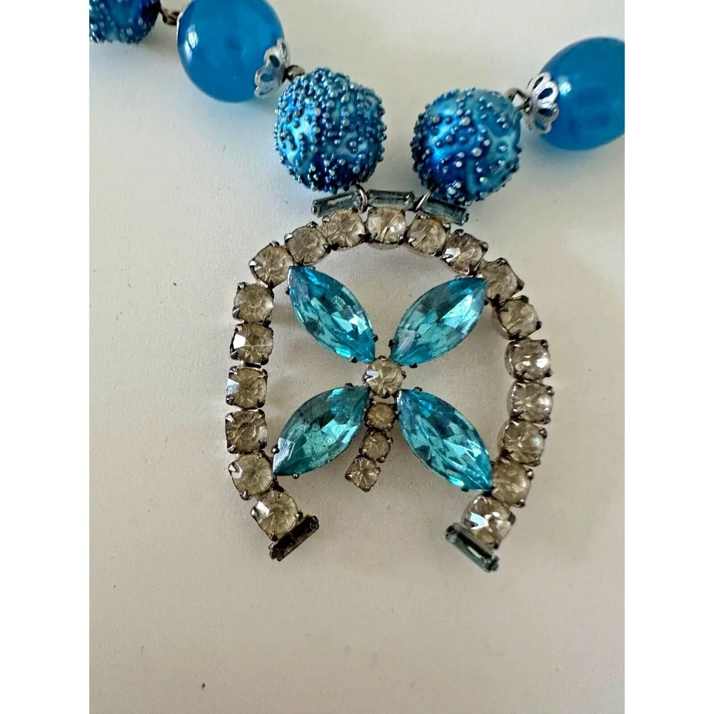 VTG Sugar Caged Beaded‎ Necklace Aqua Blue Horseshoe Pendant Crystals Hong Kong